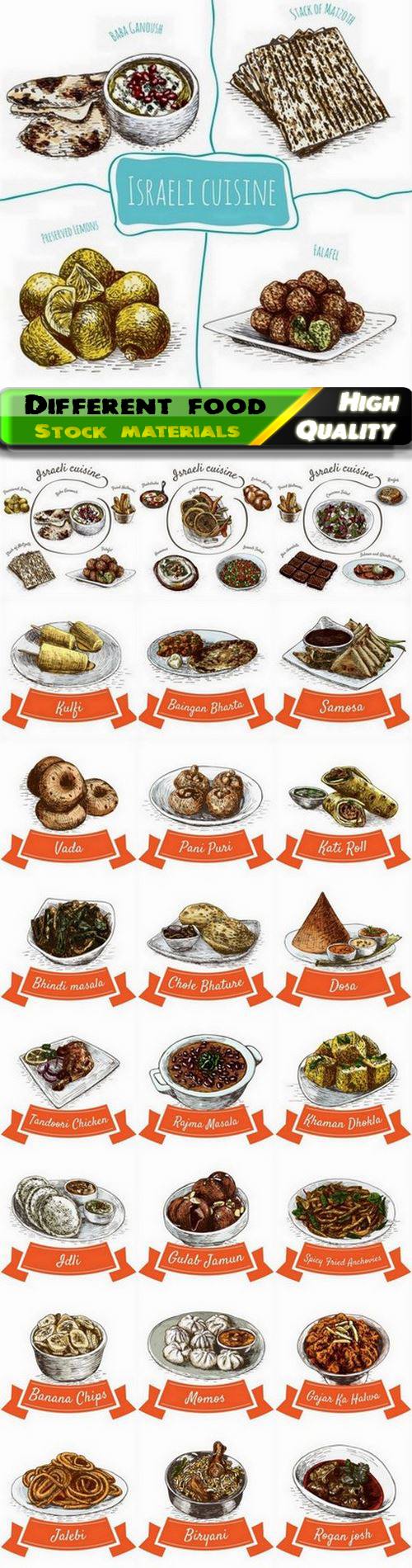 Hand drawn different national dishes and food illustration 25 Eps