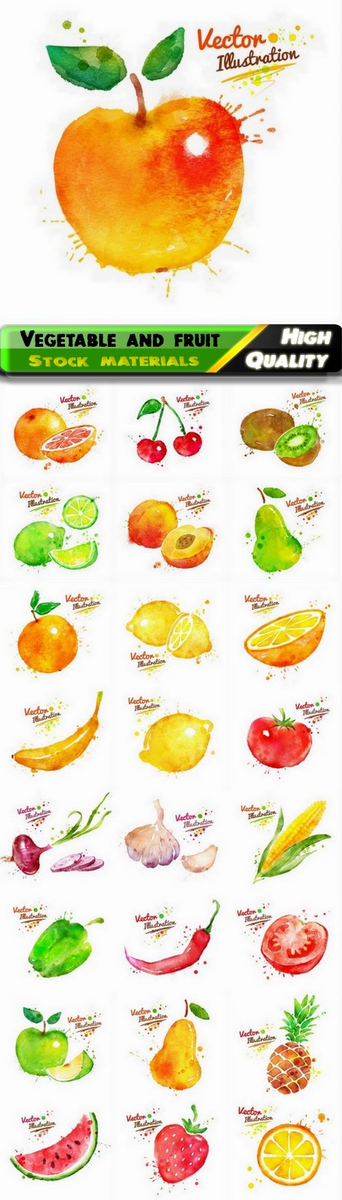 Grunge watercolor vegetable and fruit healthy food 25 Eps