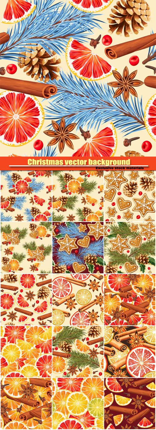 Christmas and New Year vector seamless background, orange slices and mulled wine