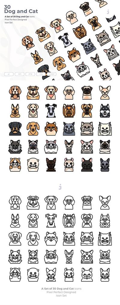 30 Dog and Cat Vector Icons