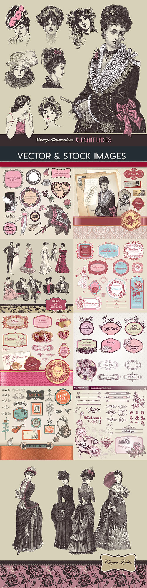 Elegant lady and decorative vintage labels illustration
