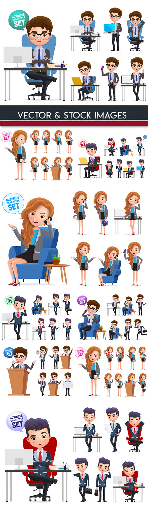 Business girl and man in office mult illustration