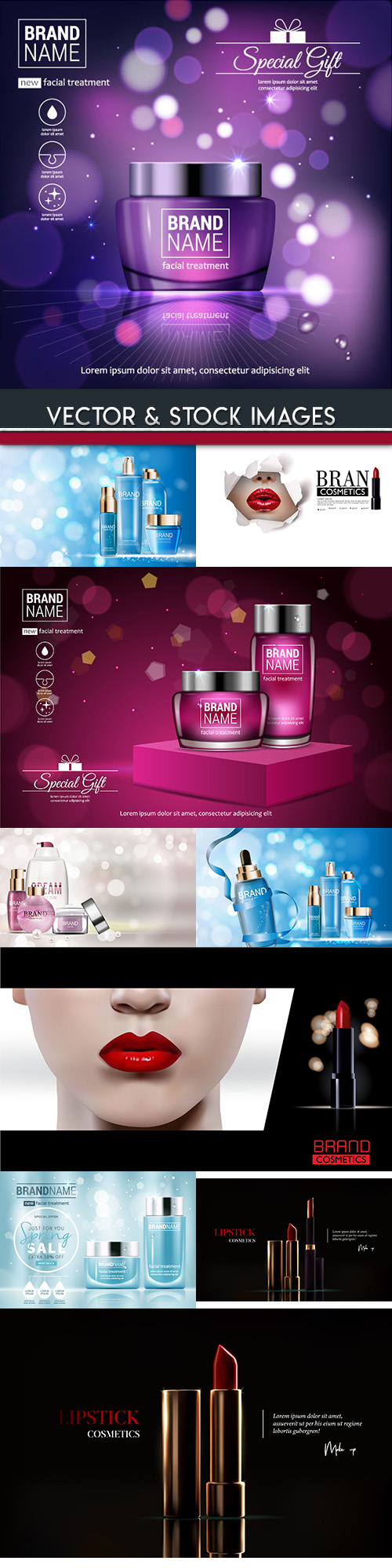 Brand name cosmetics plastic and glass bottles 3d illustration